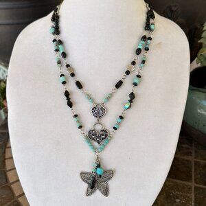 NEW - Hand Crafted Pair of Necklaces - Turquoise, Black & Silver Tones